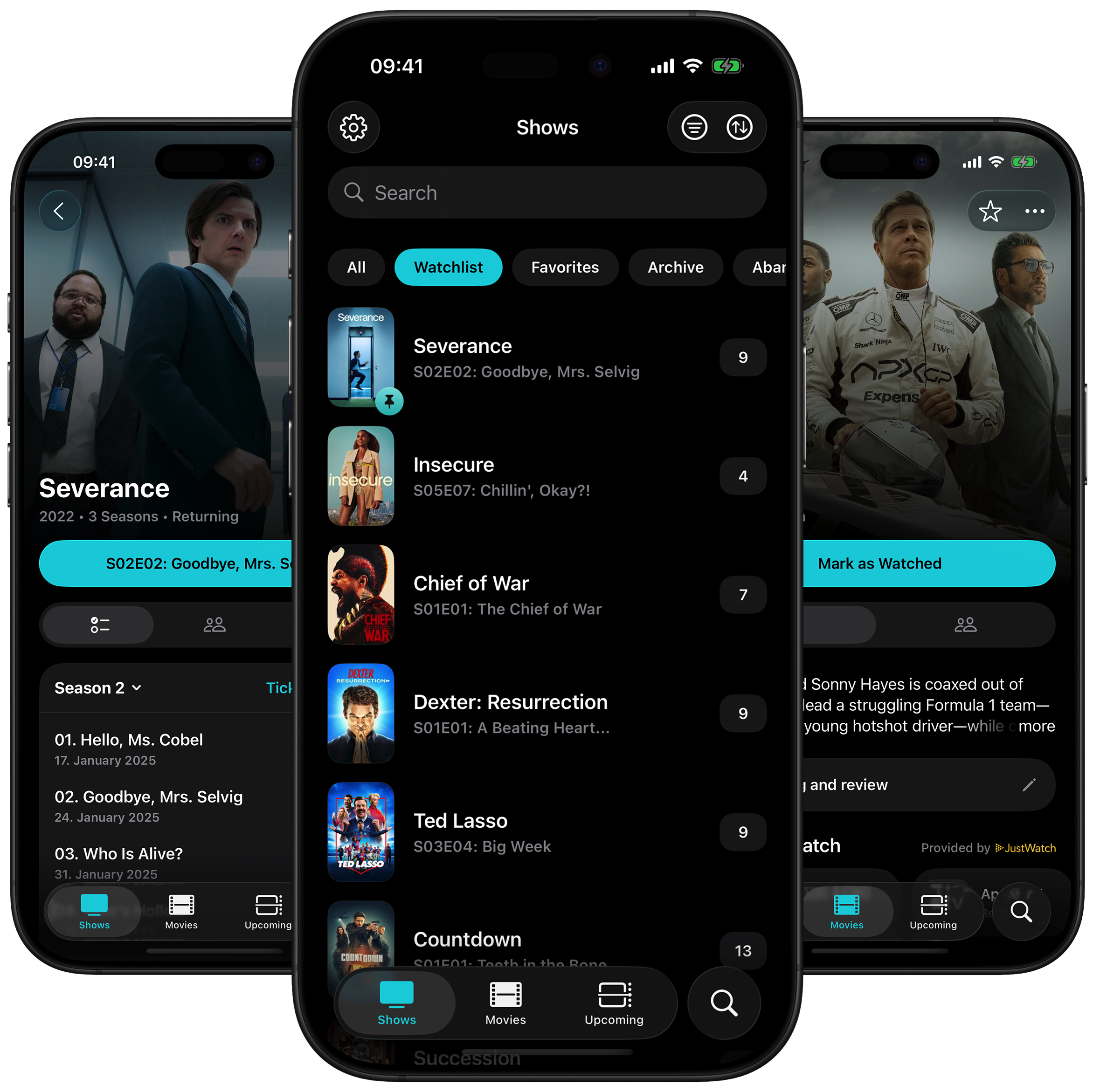Three iPhones showing the CouchTimes 2.0 shows tab with series details, watchlist, and episode overview.