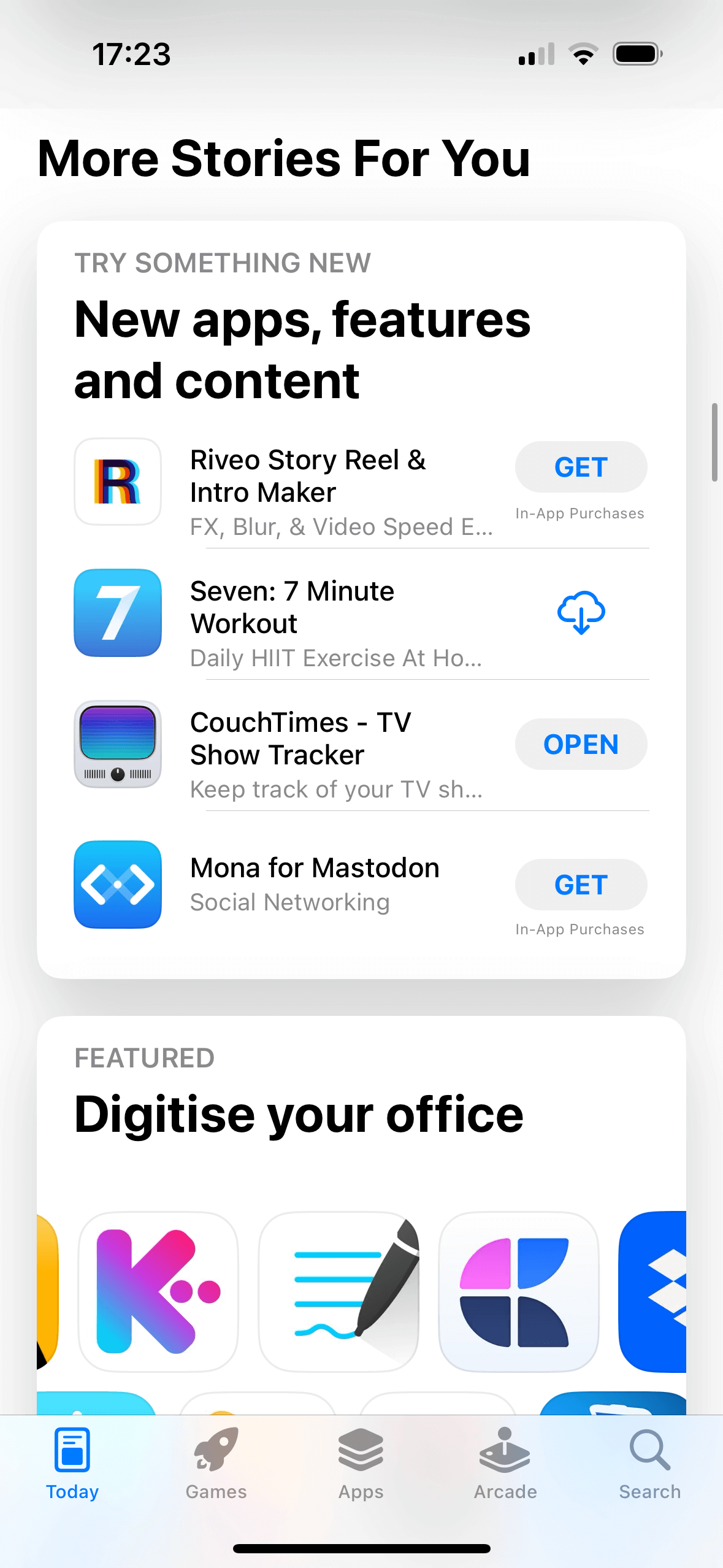 Screenshot of the App Store, showing the 'New App Features and Content' section with CouchTimes being the third app in a list of four.