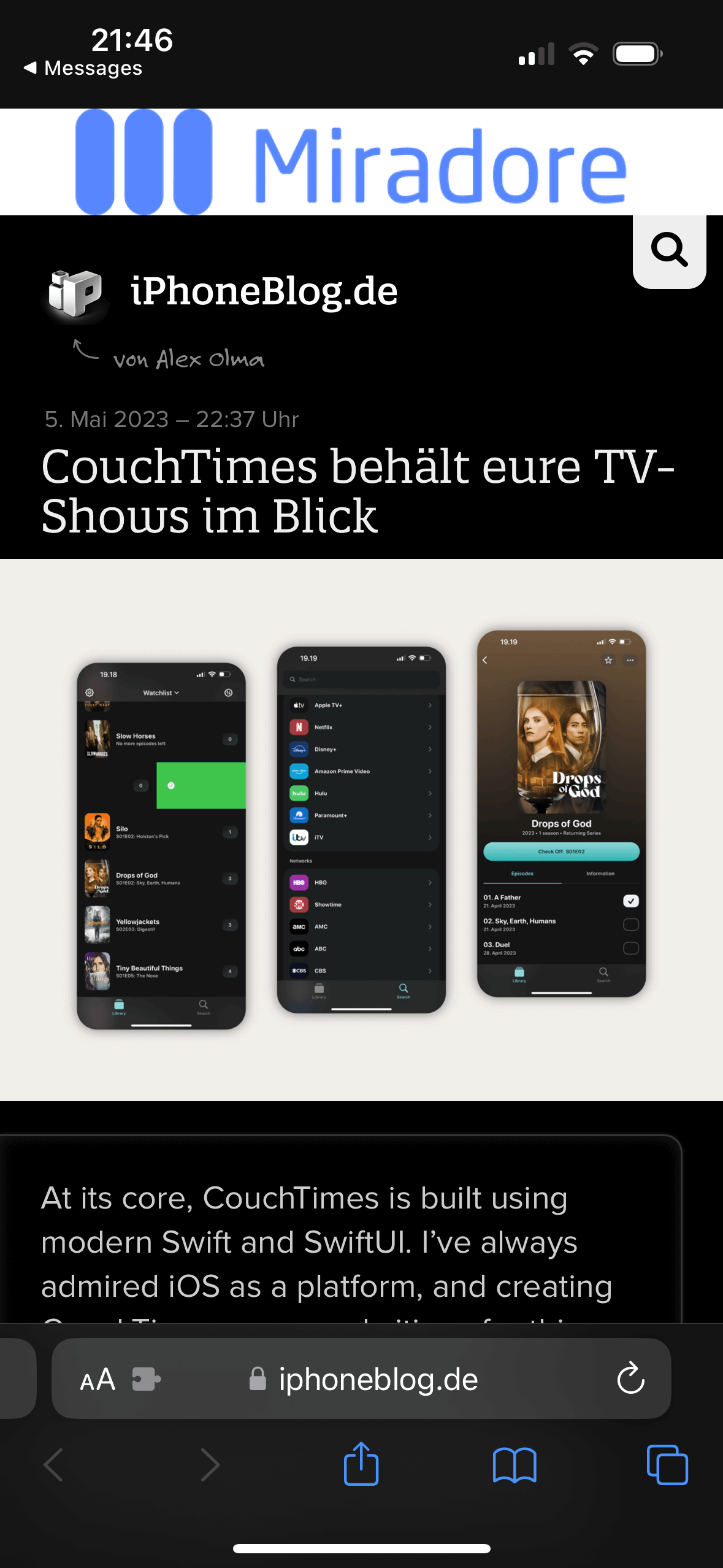 Screenshot of Safari on iOS showing the article about CouchTimes on iphoneblog.de